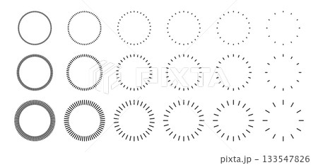 Line rays in a circle. Round frame pattern with geometric strokes. Ring of dash outline elements. Line rays in a circle. Round frame pattern with geometric strokes. Ring of dash outline elements. 133547826