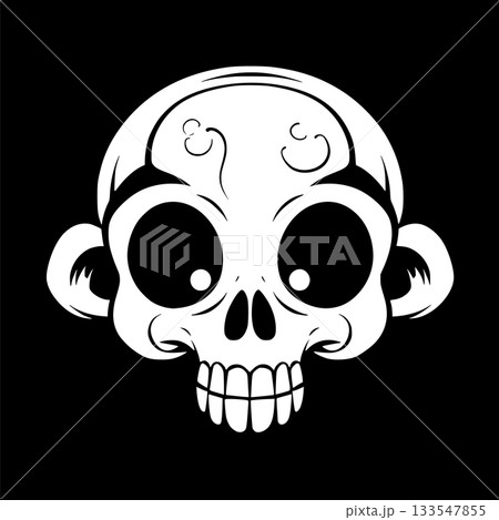 Playful skull face with large round eyes and toothy grin, swirling ornamental accents surrounds the head, black and white graphic Playful skull face with large round eyes and toothy grin, swirling ornamental accents surrounds the head, black and white graphic 133547855