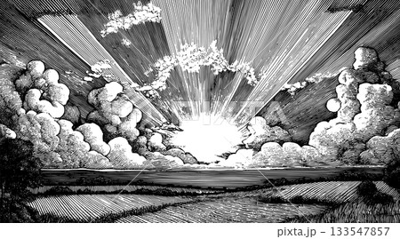 Dramatic sunrise breaking through clouds over rolling hills in vintage woodcut engraving illustration Dramatic sunrise breaking through clouds over rolling hills in vintage woodcut engraving illustration 133547857