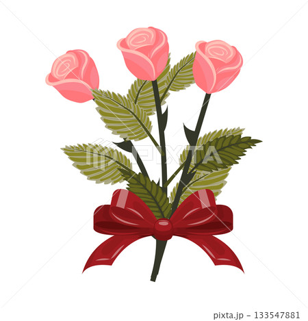 A bouquet of light pink roses with a large red bow. 133547881