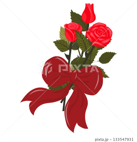 A bouquet of bright red roses with a large scarlet bow. A bouquet of bright red roses with a large scarlet bow. 133547931