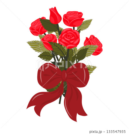 A bouquet of bright red roses with a large scarlet bow. A bouquet of bright red roses with a large scarlet bow. 133547935