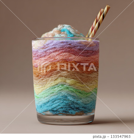 Creative glass filled with layered rainbow yarn resembling a smoothie, blending playful craft textures with colorful food-inspired artistic design. Vector illustration Creative glass filled with layered rainbow yarn resembling a smoothie, blending playful craft textures with colorful food-inspired artistic design. Vector illustration 133547963