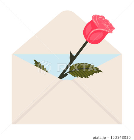 Bright pink rose. A single elegant rose in a mailing envelope. Bright pink rose. A single elegant rose in a mailing envelope. 133548030