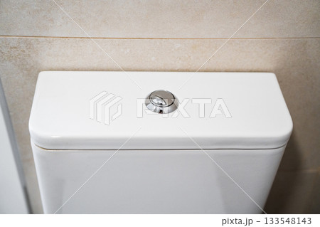 Chrome dual flush button on modern white toilet tank in clean bathroom interior Chrome dual flush button on modern white toilet tank in clean bathroom interior 133548143