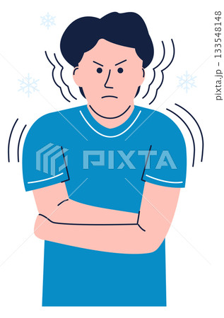 A man in a blue shirt is shivering and looking angry 133548148