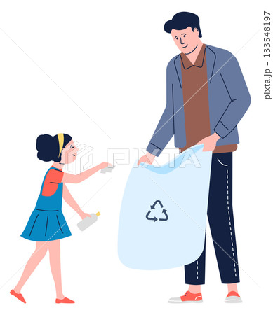 A man and a little girl are holding a trash bag A man and a little girl are holding a trash bag 133548197