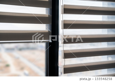 Modern zebra blinds partially open on a tall window with bright outdoor view softened by layered fabric panels Modern zebra blinds partially open on a tall window with bright outdoor view softened by layered fabric panels 133548258
