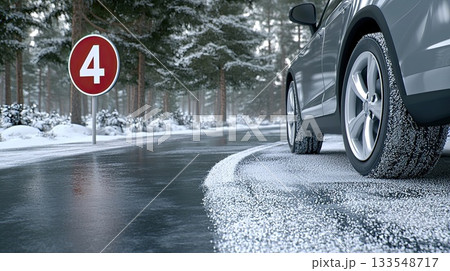 A car navigates a snowy road bordered by trees in winter, highlighting the challenges of driving in cold weather conditions 133548717