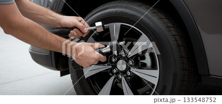 A mechanic is using a digital tool to check the tire pressure of a vehicle in a service area while it is daylight A mechanic is using a digital tool to check the tire pressure of a vehicle in a service area while it is daylight 133548752