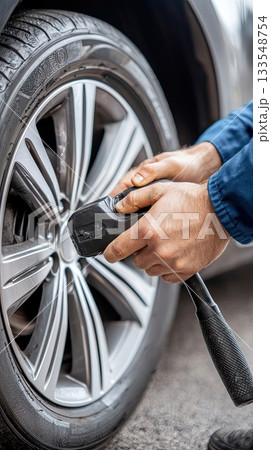 A mechanic is using a digital tool to check the tire pressure of a vehicle in a service area while it is daylight 133548754