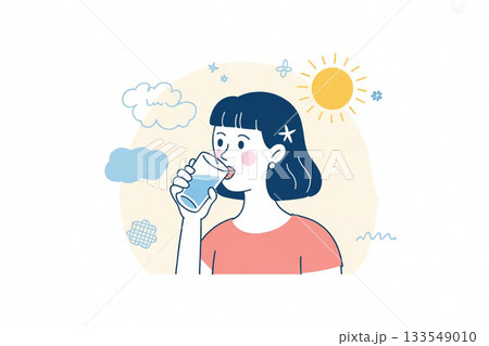 水を飲む女性　美容と健康のために水分補給する女性イラスト 133549010
