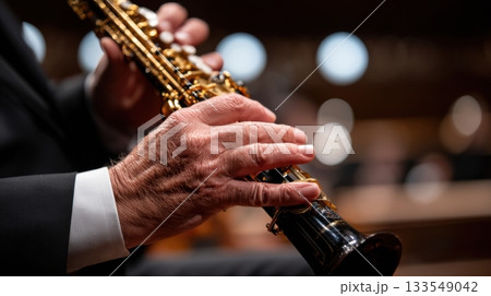 Musician plays woodwind instrument during a concert performance in a spacious concert hall 133549042