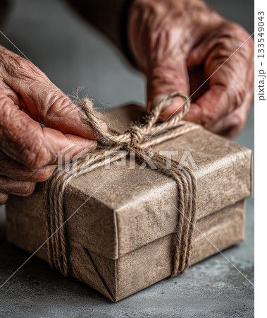 Hands carefully tying natural ribbon around a recycled gift box 133549043