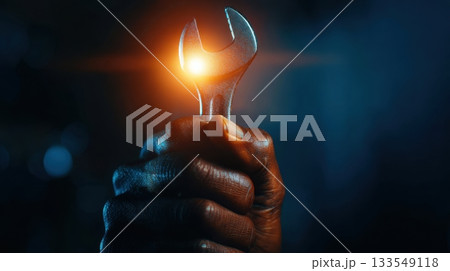 Strong hand holding a wrench with glowing light in dark workshop setting during evening hours Strong hand holding a wrench with glowing light in dark workshop setting during evening hours 133549118