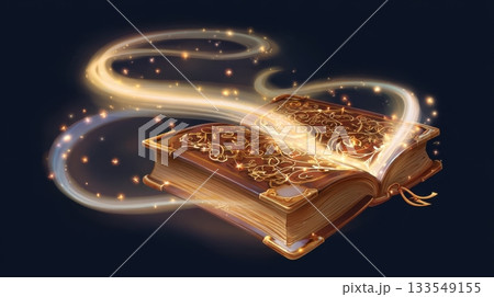 Enchanted book releasing magic sparkles in a dark background, creating a mystical atmosphere 133549155