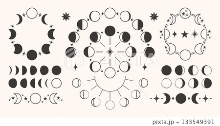 Moon phase icon with crescent and eclipse shape for lunar cycle, astronomy mystic symbol. Cosmic vector design celestial calendar, magic boho minimalist tattoo. Astrology hipster logo, tribal clipart 133549391