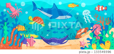 Underwater sea animal, seabed scene with cute fish, marine life for ocean vector background. Tropical illustration with shark and turtle, coral and seaweed summer exotic seascape. Aquatic landscape 133549396