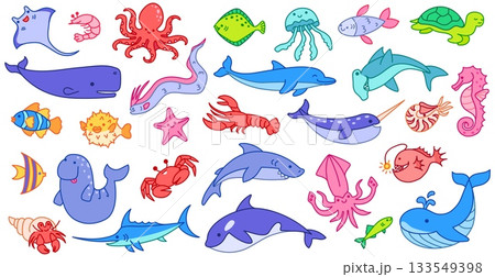 Cartoon sea animals. Hand drawn whales, sharks and dolphins, octopus and fish, turtle and crab, lobster and squid, jellyfish and narwhal cute ocean creatures vector isolated set 133549398