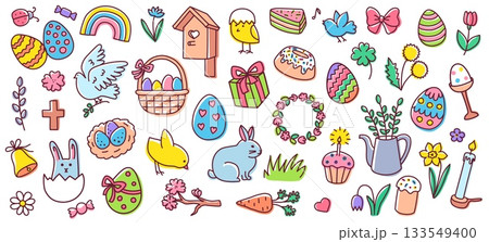 Color Easter doodle. Eggs, bunnies and chicks, flowers and basket, wreath and dove, cupcake and candle spring hand drawn holiday elements for design and crafts vector isolated set 133549400