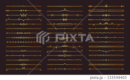 Golden line divider. Art deco frame, gold border, text vintage decor and elegant ornament. Luxury vector design for menu separator and royal page accent, wedding card isolated set 133549403