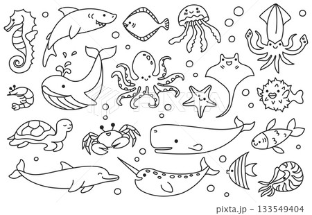 Sea animal doodle, line fish and marine creature, ocean cartoon underwater sketch. Octopus and seahorse, dolphin and turtle, whale and jellyfish, shark and crab aquatic undersea isolated vector set 133549404