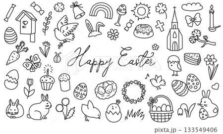 Easter doodle icon set with egg and bunny, chick spring cute hand drawn design. Rabbit and butterfly, flower basket and dove, church holiday vector set. Happy Easter background, seasonal festive card Easter doodle icon set with egg and bunny, chick spring cute hand drawn design. Rabbit and butterfly, flower basket and dove, church holiday vector set. Happy Easter background, seasonal festive card 133549406