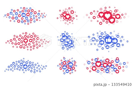 Social media like emoji with blue thumb up icon for reaction frame and red flying heart. Live stream background, share button. Marketing banner, web communication vector concept 133549410