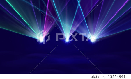 Laser light show with blue beam and stage background for concert or dj and disco event. Vector effect neon spotlight and music technology for club and nightlife poster. Rays bright scanner design 133549414