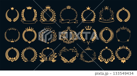 Crown with wreath emblem. Award badge, champion prize icon with and laurel wreath. Gold achievement logo with premium ribbon for winner and trophy with honor and victory. Ceremony label vector set 133549434