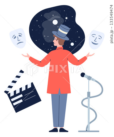 A man in a red coat is holding a microphone and a movie camera A man in a red coat is holding a microphone and a movie camera 133549474