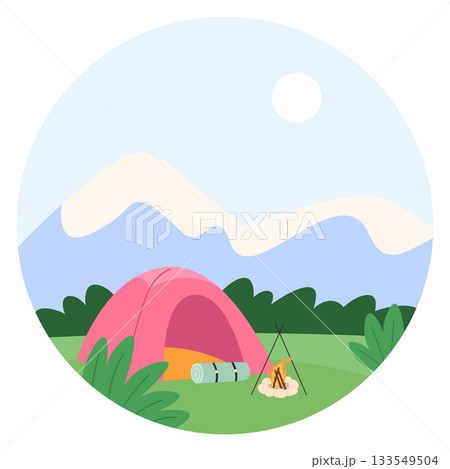 A pink tent is set up in a grassy field with a fire pit nearby A pink tent is set up in a grassy field with a fire pit nearby 133549504