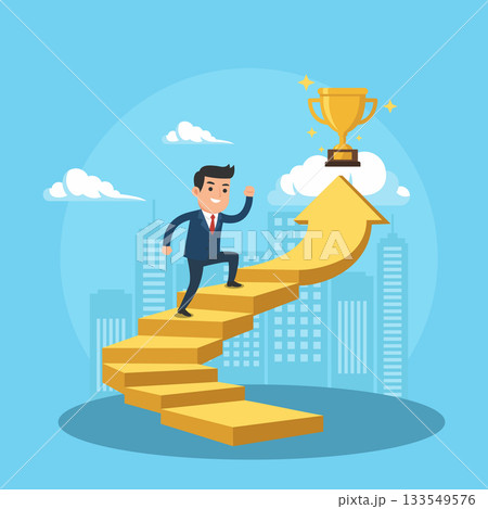 Businessman Climbing Golden Stairs Toward Success and Achievement Trophy, Vector Illustration 133549576