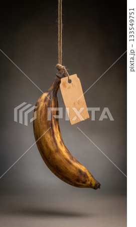Yellow banana hanging on a string with a tag, showcasing a unique and creative display in a neutral background Yellow banana hanging on a string with a tag, showcasing a unique and creative display in a neutral background 133549751