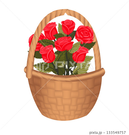 A bouquet of bright red roses in a basket tied with a scarlet bow. Vector illustration isolated on a white background. 133549757