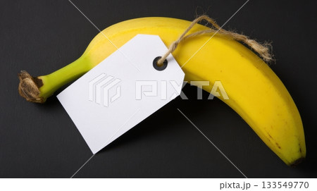 Fresh banana with a blank price tag on a dark background ready for labeling at a grocery store or market 133549770