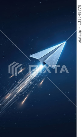 Paper airplane soaring through a starry night sky with light trails and sparks 133549779