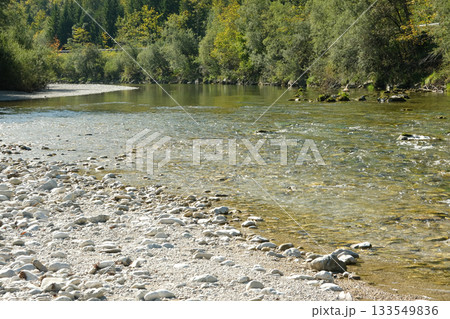 Wide Rocky Riverbed in the Alps on a Sunny Day 133549836