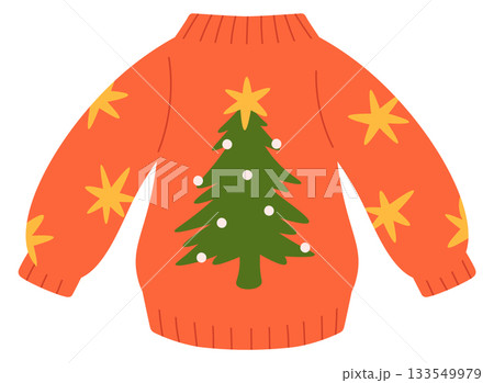 A cartoon Christmas sweater with a tree and stars on it 133549979