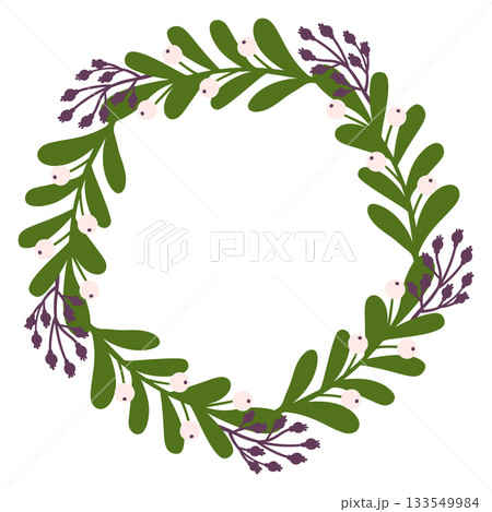A wreath made of green leaves and purple flowers 133549984