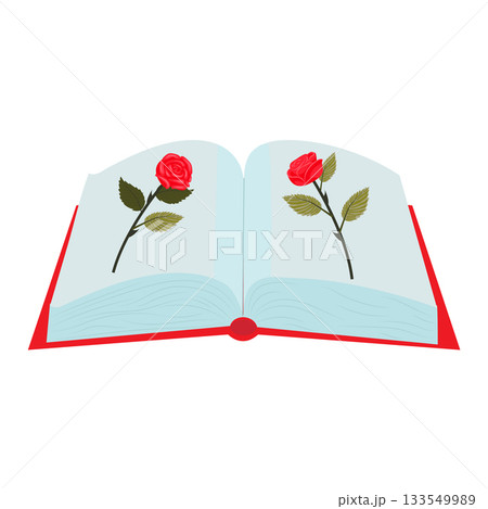 An open book with red roses on its pages. Vector illustration isolated on a white background. 133549989