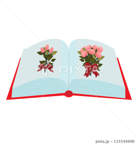 An open book with elegant bouquets of pink roses tied with red bows on its pages. Vector illustration isolated on a white background. 133549990