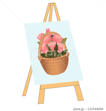 Canvas on an easel depicting a bouquet of light pink roses in a wicker basket. Vector illustration isolated on a white background. 133549994