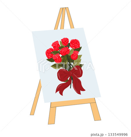 A canvas on an easel depicting a bouquet of bright red roses tied with a scarlet ribbon. Vector illustration isolated on a white background. A canvas on an easel depicting a bouquet of bright red roses tied with a scarlet ribbon. Vector illustration isolated on a white background. 133549996