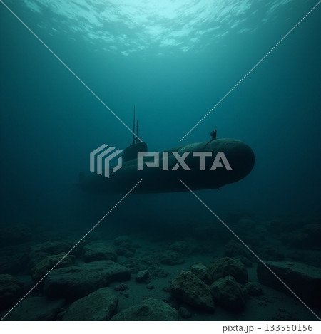 Submarine lurking beneath deep ocean waters Generative AI Submarine lurking beneath deep ocean waters Generative AI 133550156
