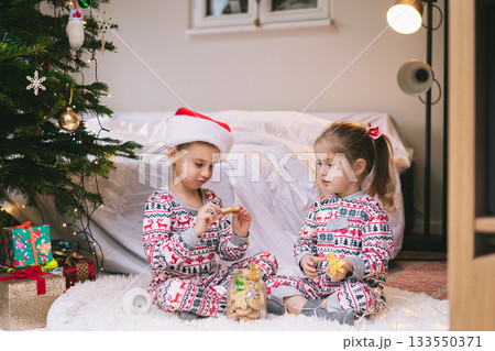 Children in festive pajamas excitedly explore a jar of holiday treats beside a decorated Christmas tree during the festive season. Joyful siblings sit on cozy rug, getting into jar filled with sweets. 133550371