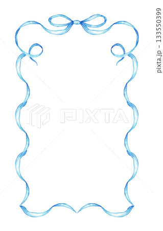 Elegant blue ribbon frame with bow for decoration. Watercolor illustration. Template for baby shower, gender reveal party, baptism, boy or girl party. Copy space. Hand drawn. For card, invitation 133550399