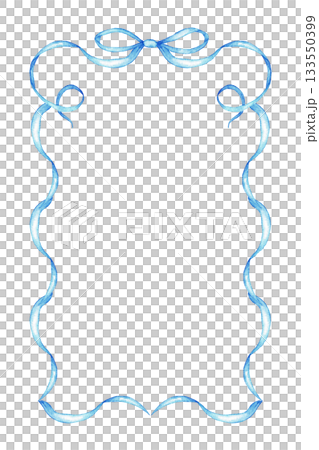 Elegant blue ribbon frame with bow for decoration. Watercolor illustration. Template for baby shower, gender reveal party, baptism, boy or girl party. Copy space. Hand drawn. For card, invitation 133550399