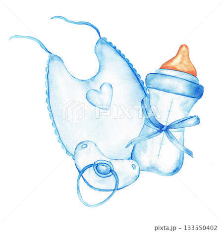 Baby essentials composition with blue bib, pacifier, and baby bottle for nursery decor. Watercolor illustration. For gender reveal party, baby shower, baptism, boy or girl party, Isolated. Hand drawn 133550402