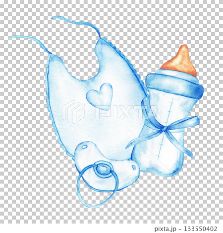 Baby essentials composition with blue bib, pacifier, and baby bottle for nursery decor. Watercolor illustration. For gender reveal party, baby shower, baptism, boy or girl party, Isolated. Hand drawn 133550402